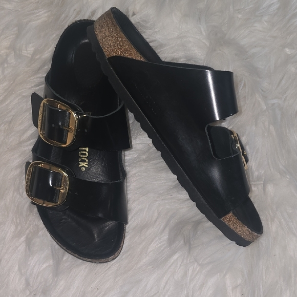 Birkenstock Black Sandals with Gold Buckles - Picture 1 of 7